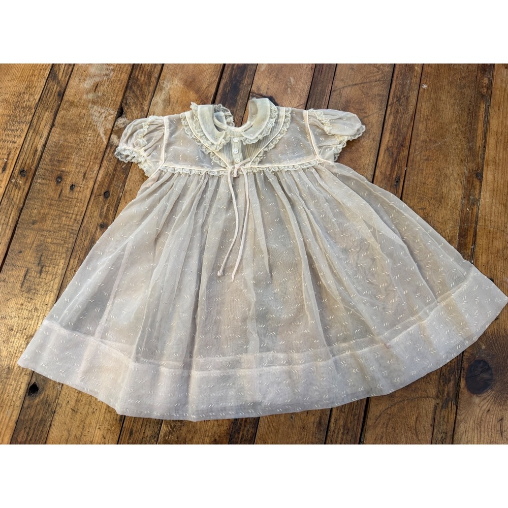 Vintage 50s 60s Baby Dress 18M Sheer Lace Heirloom Cottagecore Victorian Baptism